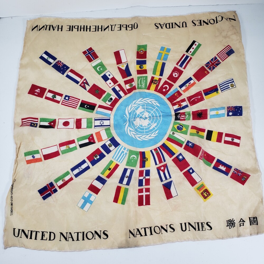 Vtg 1957 Lido Shores United Nations Silk 16" Square Scarf Multi Flags Japan